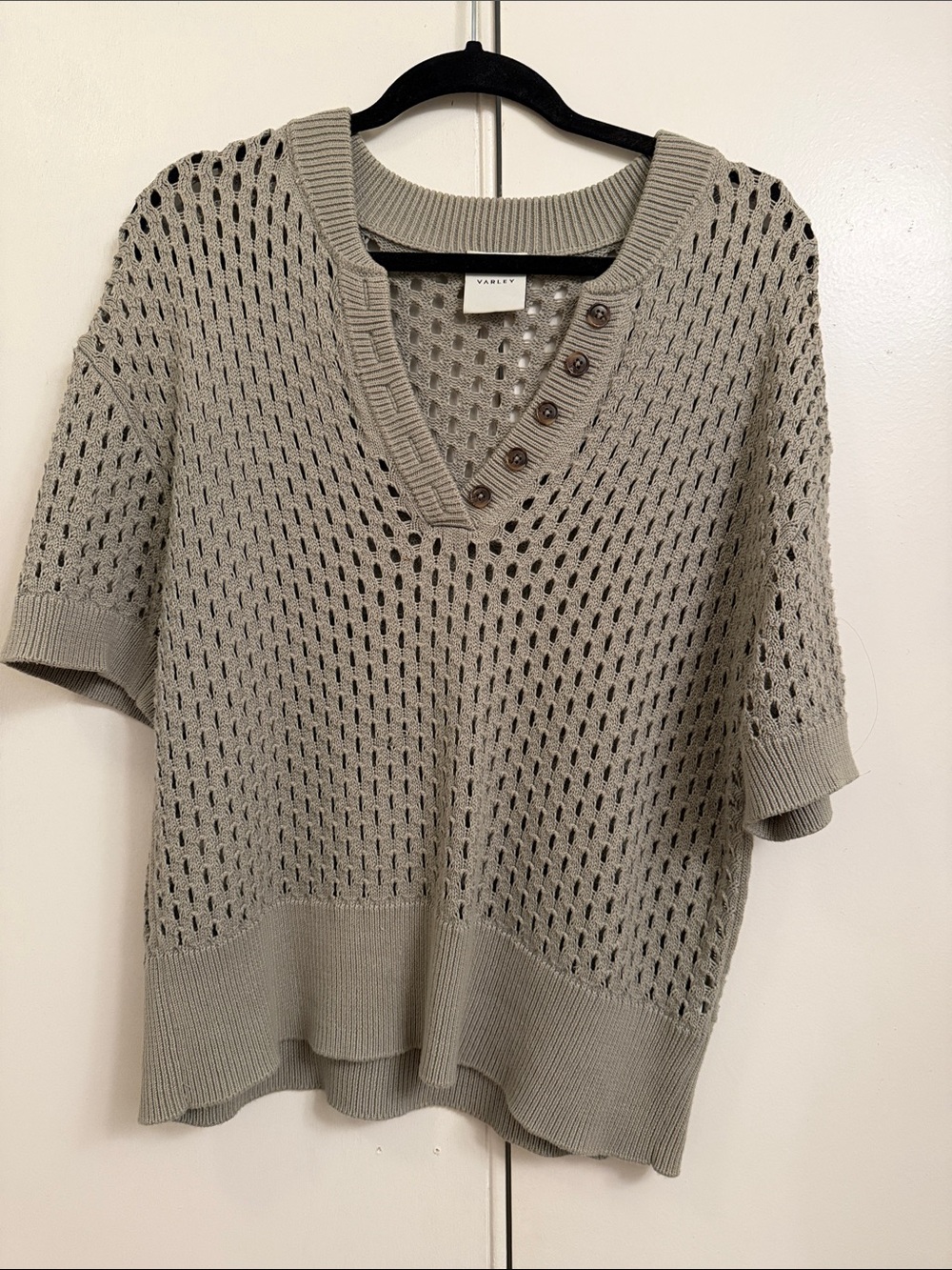 Varley Open Knit V-Neck Sweater in Light Sage